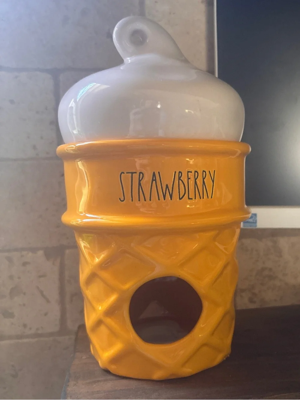 Ceramic Strawberry Ice Cream Cone Jar - Yellow & White